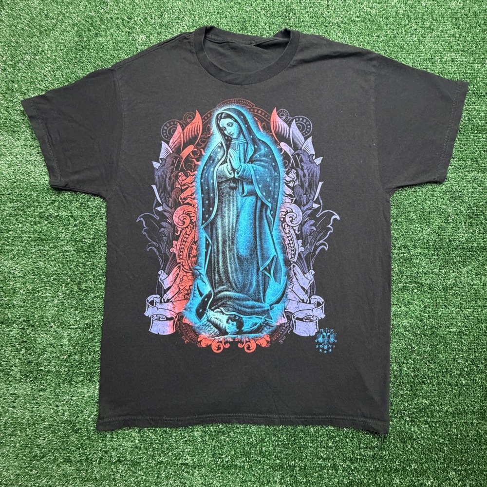 Vintage Y2K Virgin‎ Mary Graphic Tee Black Mens Streetwear Religious T-Shirt
